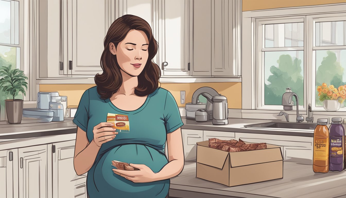 A pregnant woman standing in a kitchen, looking at a package of beef jerky with a questioning expression on her face