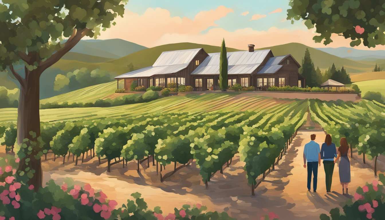 Lush vineyard with rolling hills, rustic tasting room, and couples enjoying wine at Flat Creek Estate for Valentine's Day