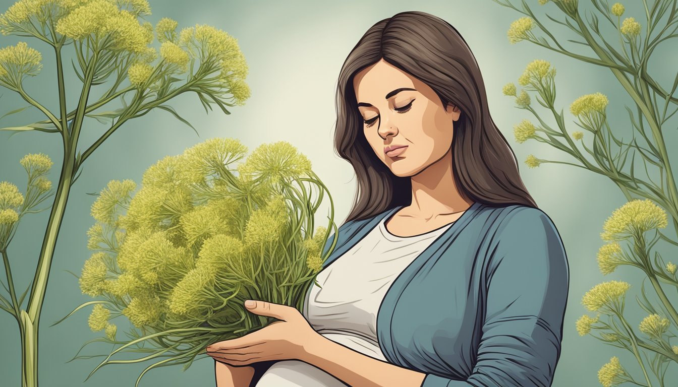 A pregnant woman holding a fennel seed and looking at it with a questioning expression