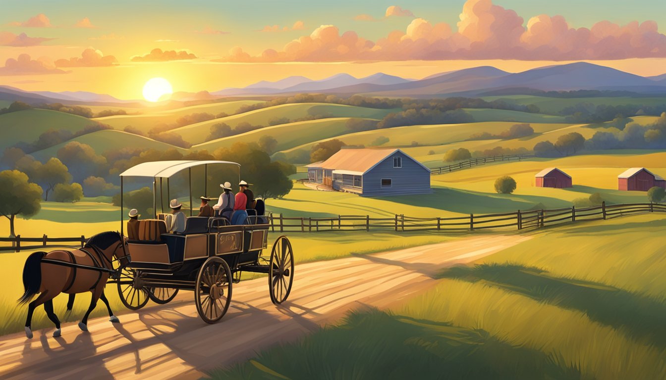 A horse-drawn hayride through a golden Texas ranch at sunset, with a heart-shaped sun setting behind rolling hills