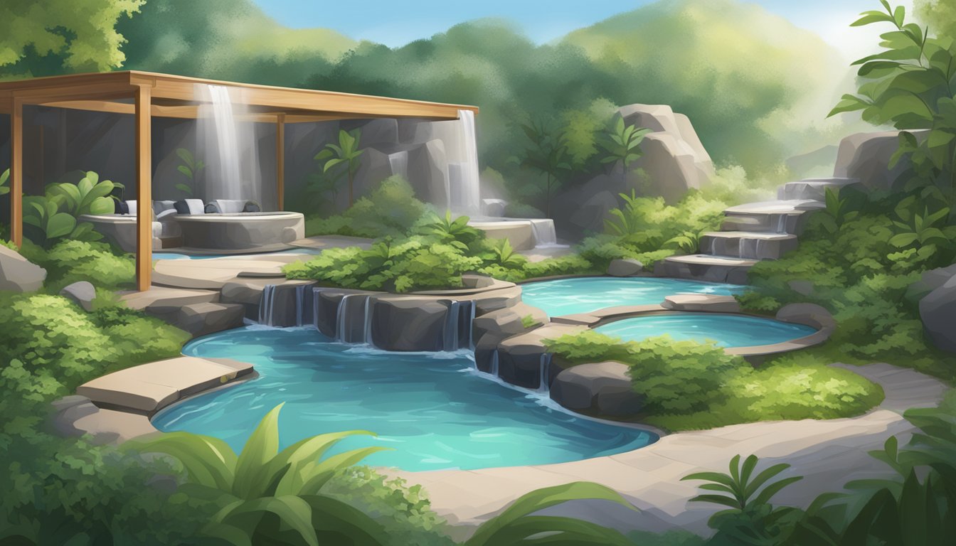 A serene spa with outdoor hot tubs, lush greenery, and a peaceful waterfall