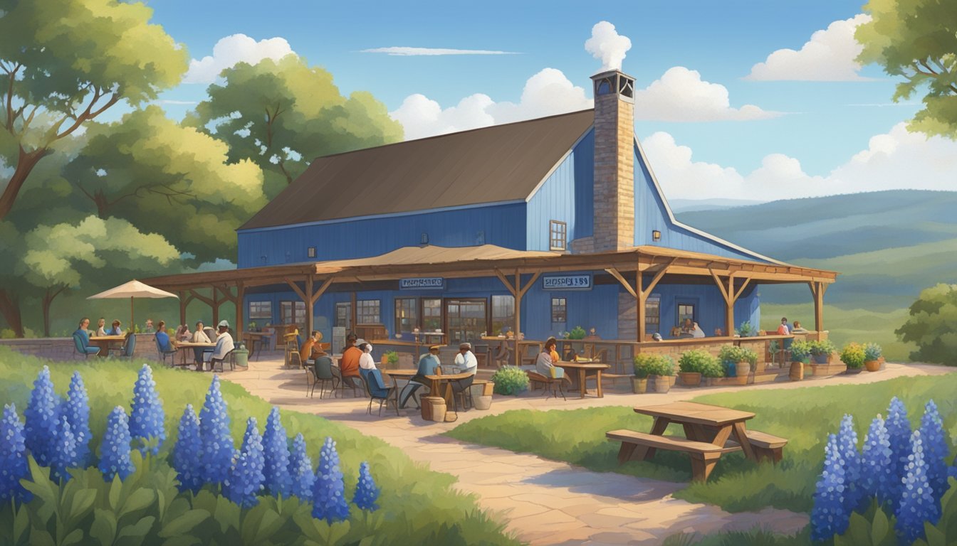 A rustic brewery nestled among rolling hills, with people relaxing on the outdoor patio, surrounded by blooming bluebonnets