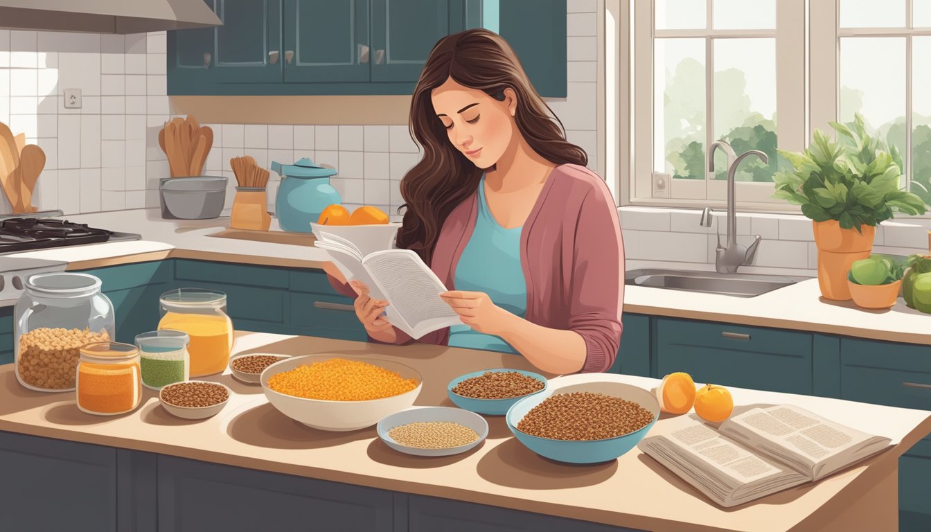 A pregnant woman sits at a kitchen table, surrounded by a variety of granola ingredients. She is reading a nutrition label and consulting a pregnancy book while considering her options