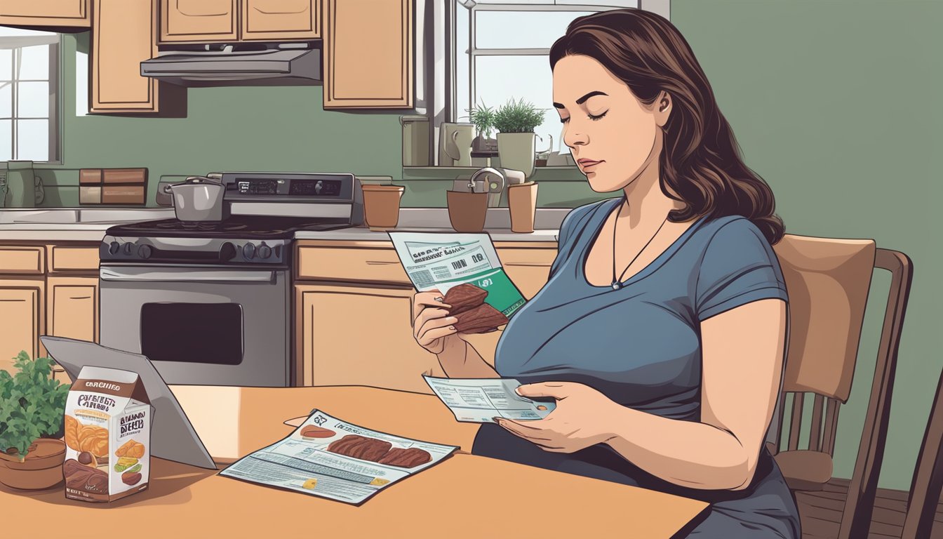 A pregnant woman sitting at a kitchen table, holding a package of beef jerky while looking at a nutrition label with a concerned expression