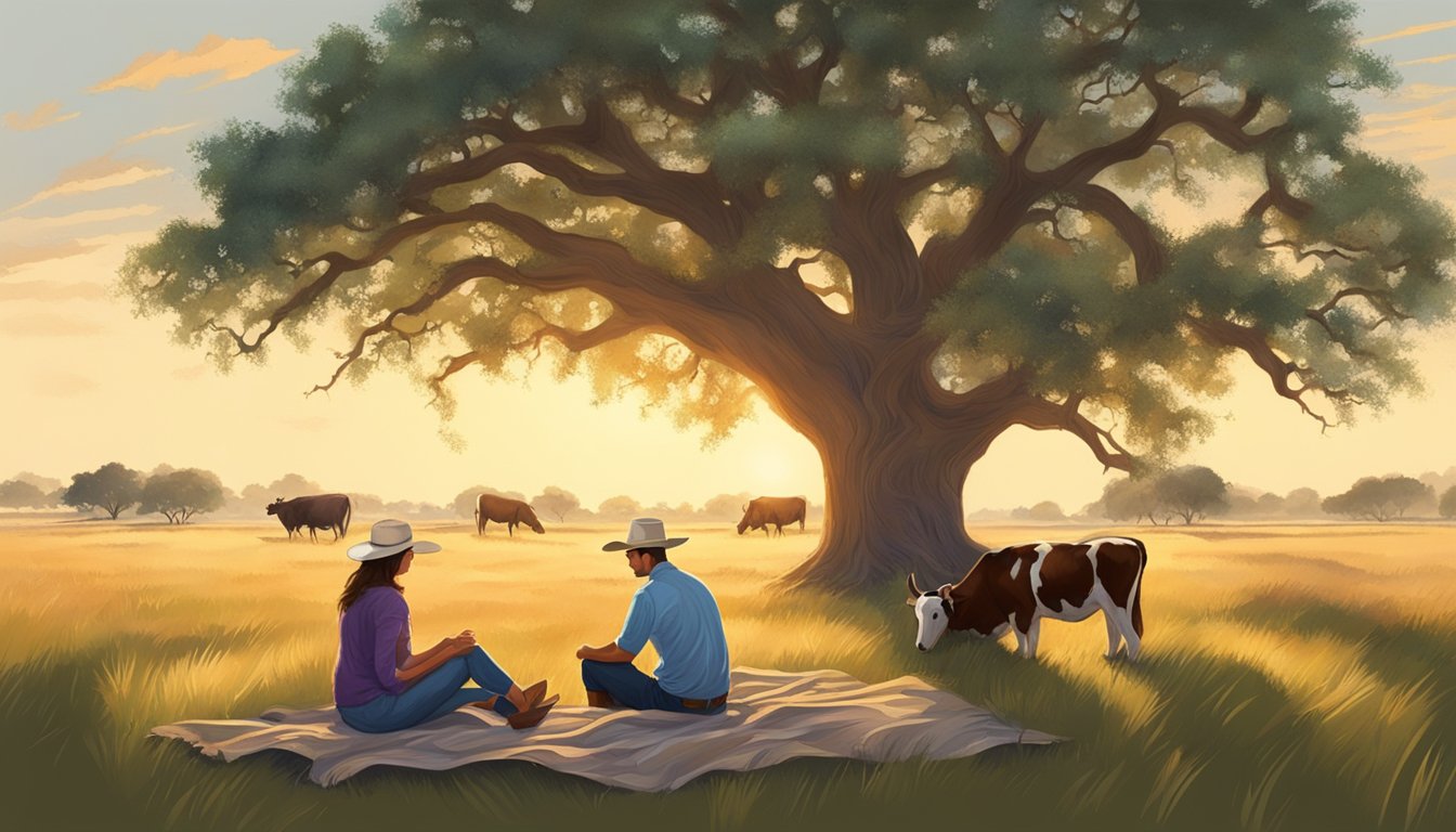 A couple sits on a blanket under a sprawling oak tree, surrounded by rolling grasslands and grazing cattle at King Ranch, Texas