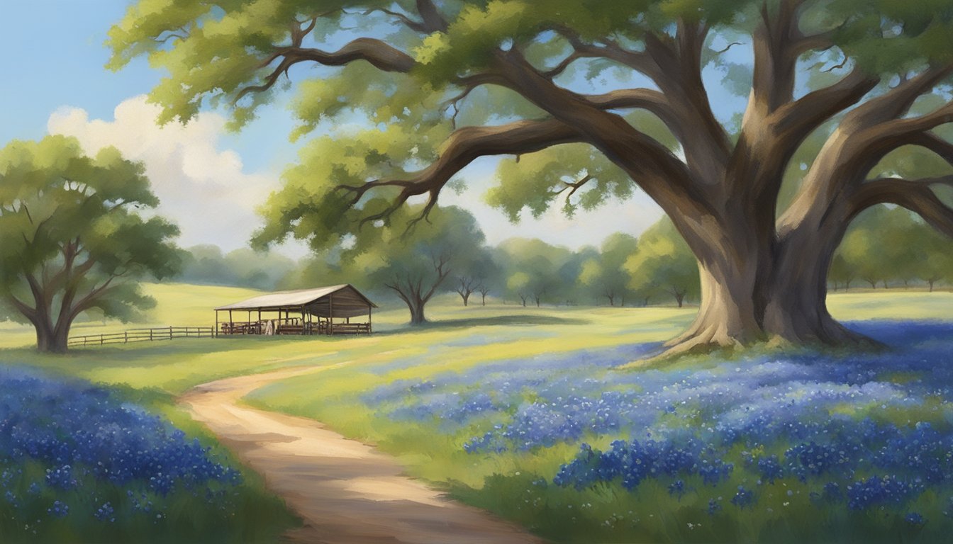 A serene countryside setting with rolling hills, blooming bluebonnets, and scattered picnic areas under the shade of large oak trees