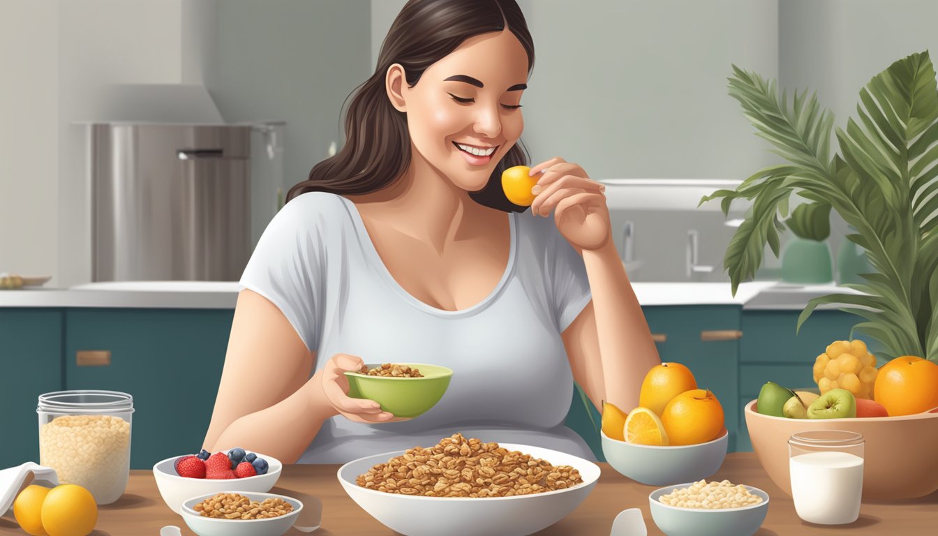 A pregnant woman sitting at a table, enjoying a bowl of granola with fresh fruit and yogurt