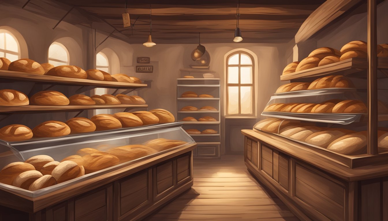 A rustic bakery with shelves of freshly baked sourdough loaves, a warm, inviting atmosphere, and the scent of freshly baked bread filling the air