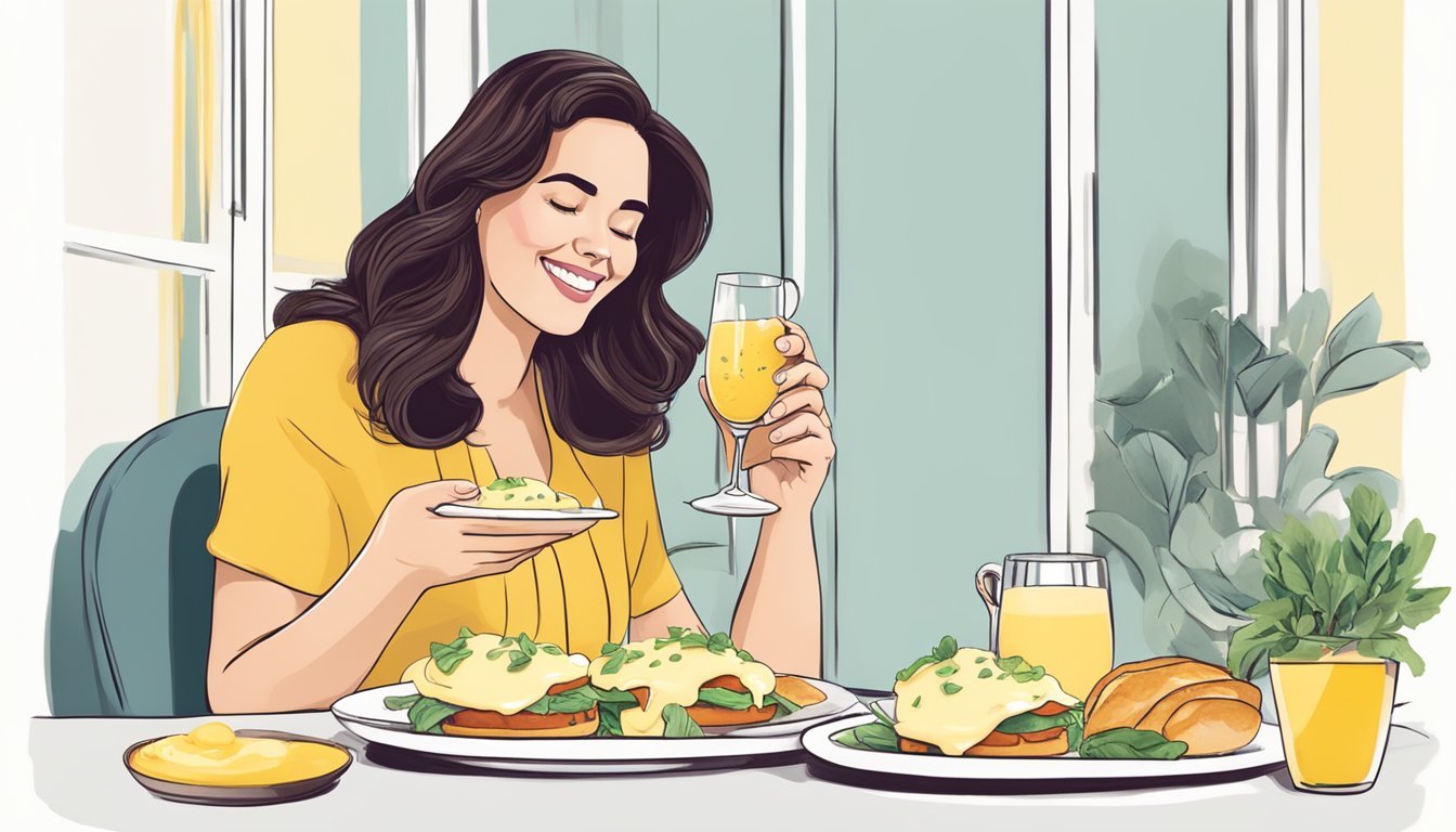 A pregnant woman happily eating eggs Benedict with hollandaise sauce at a brunch table