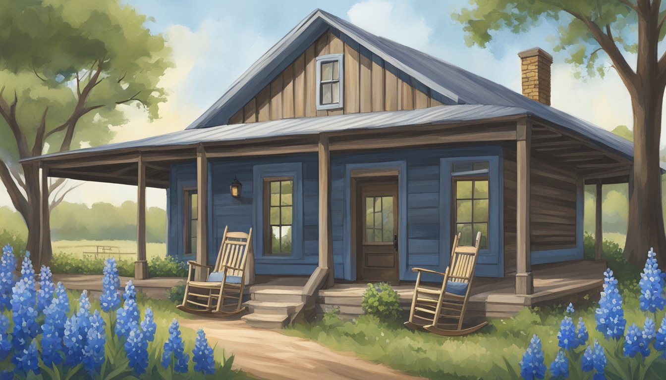 A rustic wooden porch with rocking chairs overlooks a field of bluebonnets, while a vintage mercantile stands nearby