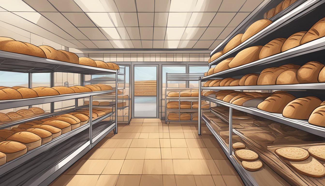 A bustling bakery with shelves of freshly baked sourdough loaves and the aroma of warm, crusty bread filling the air