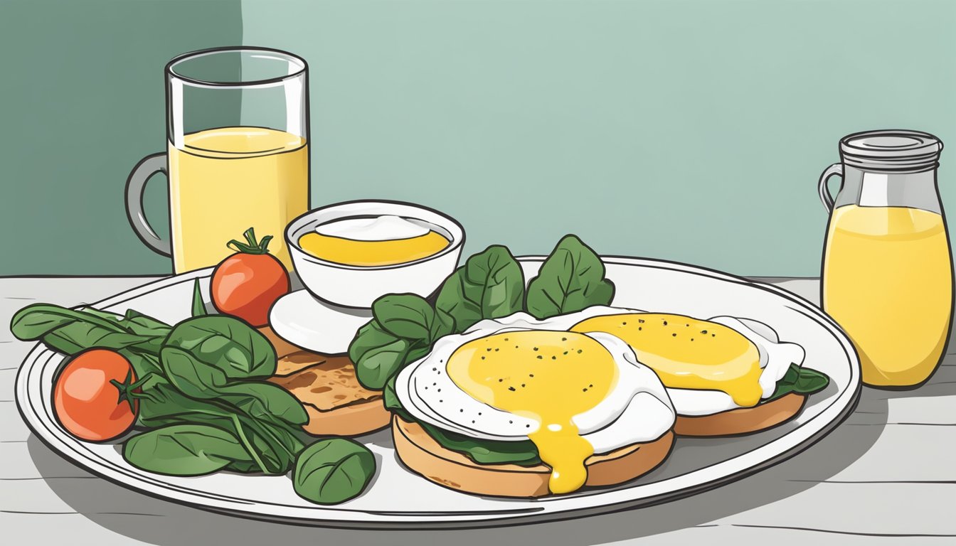 A plate of eggs benedict with hollandaise sauce on a bed of spinach and a side of sliced tomatoes