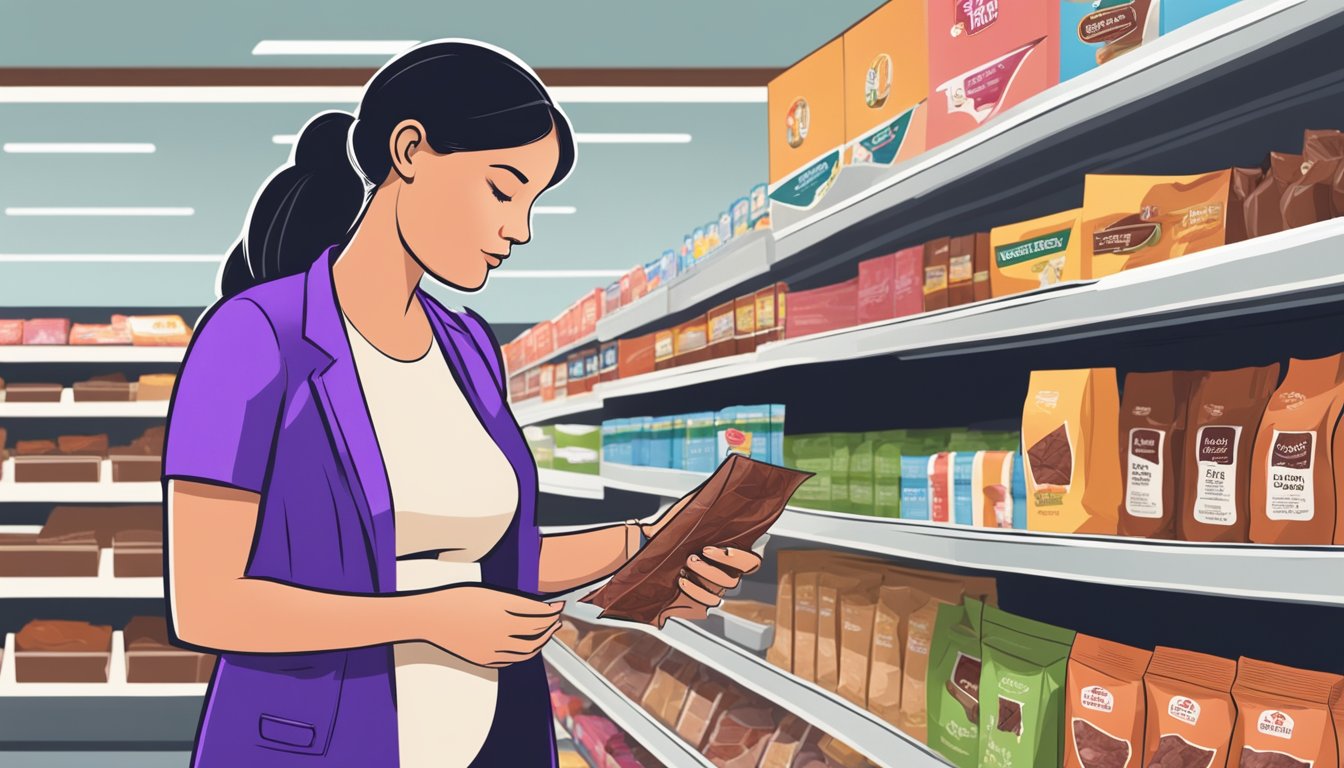 A pregnant woman standing in a grocery store aisle, carefully reading the labels on different packages of beef jerky. She is surrounded by various options and is holding one in her hand, inspecting it closely