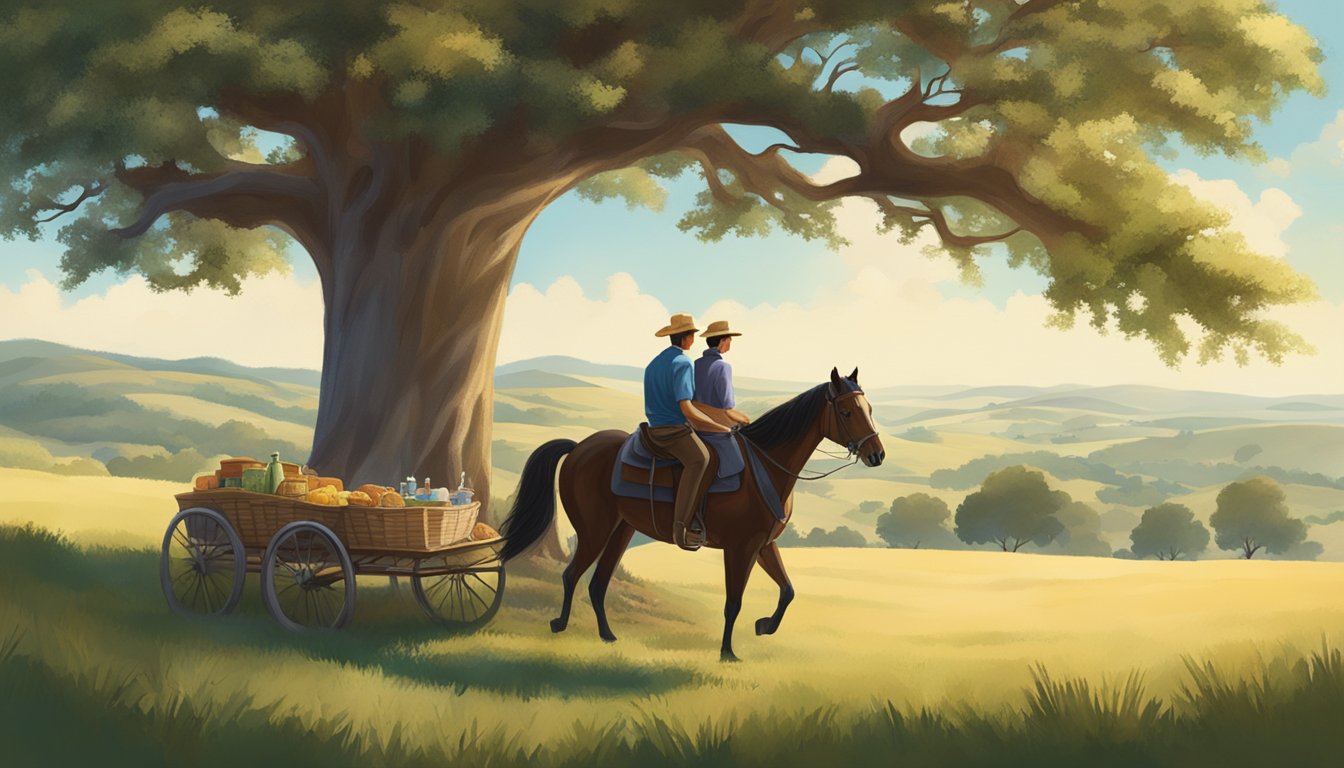 A couple riding horses through rolling hills, with a picnic set up under a large oak tree