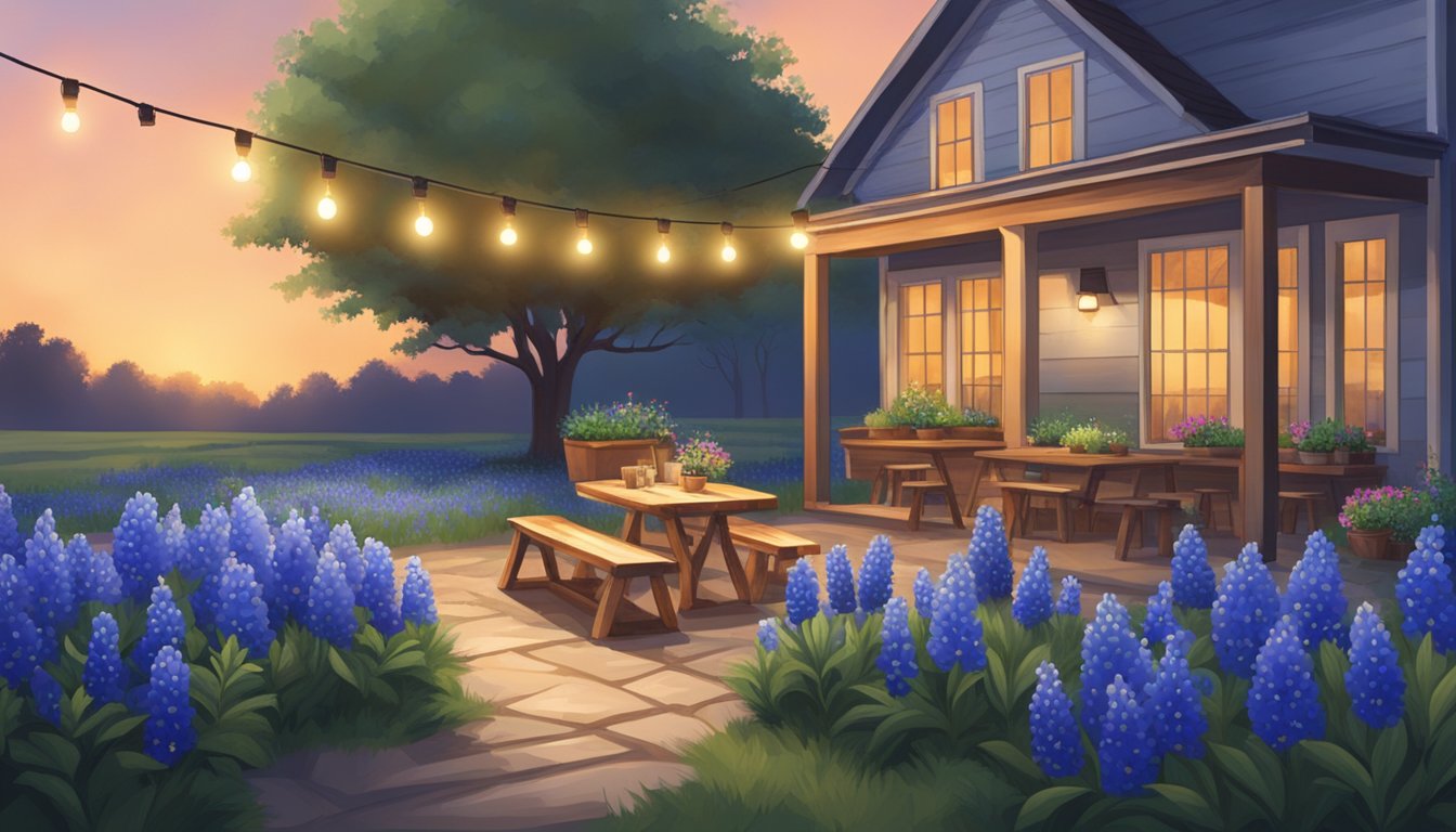 A cozy outdoor patio with string lights, wooden tables, and potted plants, surrounded by fields of blooming bluebonnets