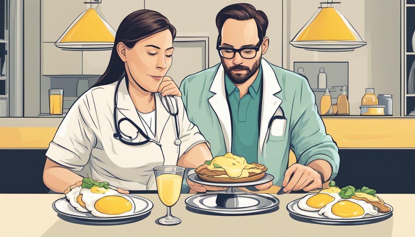 A pregnant woman cautiously eyes a plate of eggs benedict with hollandaise sauce, while a doctor advises against consuming the rich, creamy topping