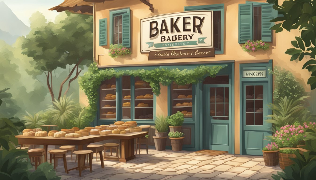 A rustic bakery with a vintage sign, surrounded by lush greenery and a warm, inviting atmosphere