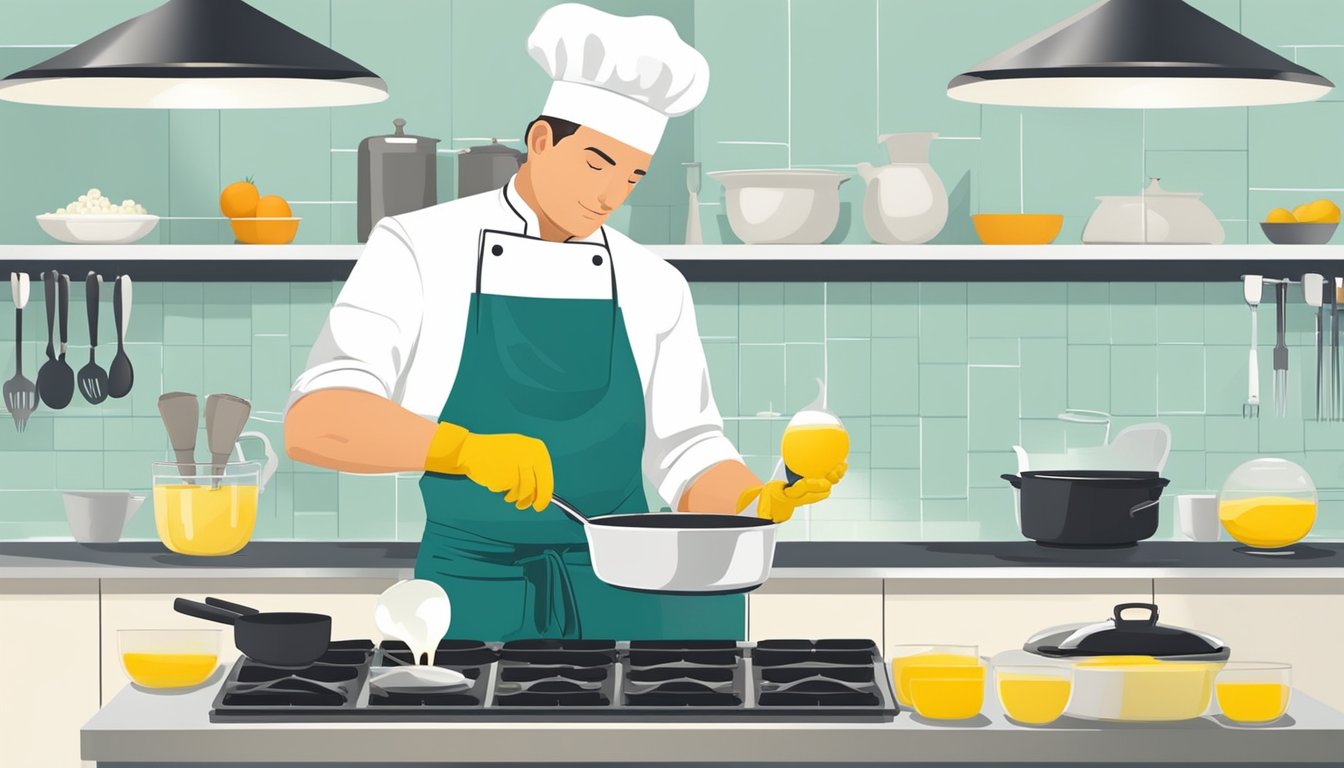 A chef carefully prepares hollandaise sauce in a clean, well-organized kitchen, using separate utensils for raw eggs and heating the sauce to the proper temperature