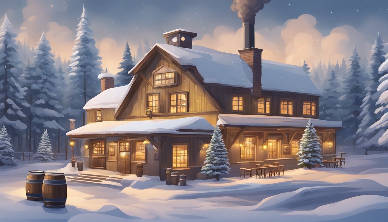 Snow-covered brewery with smoke rising from chimneys, surrounded by pine trees and a cozy taproom with warm lights