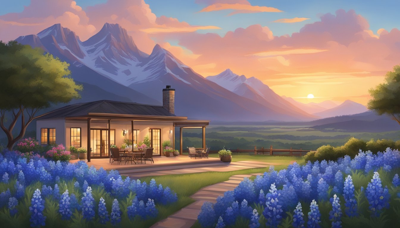 A cozy outdoor patio at sunset, surrounded by blooming bluebonnets, with a view of the mountains in the distance