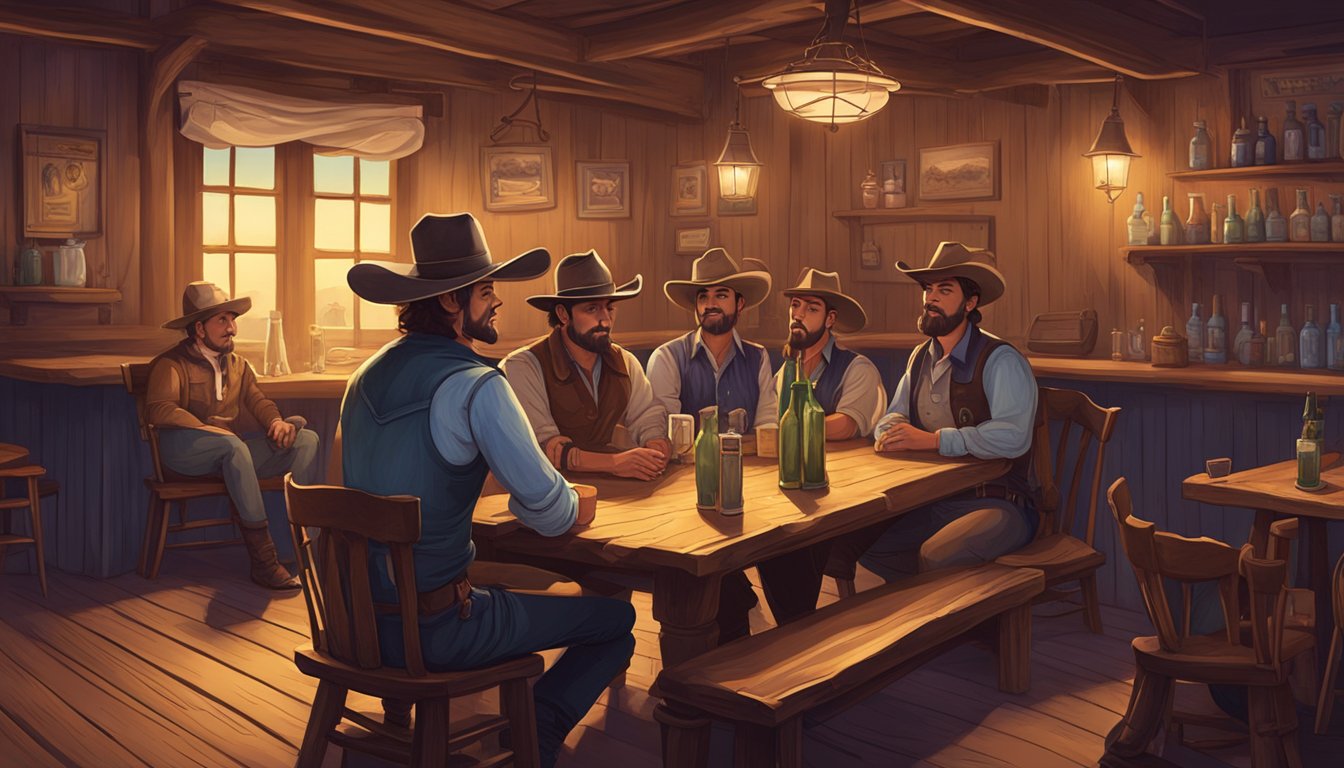 A cozy western-themed saloon with wooden tables, dim lighting, and old-timey decor. A group of friends relax after a day of bluebonnet watching