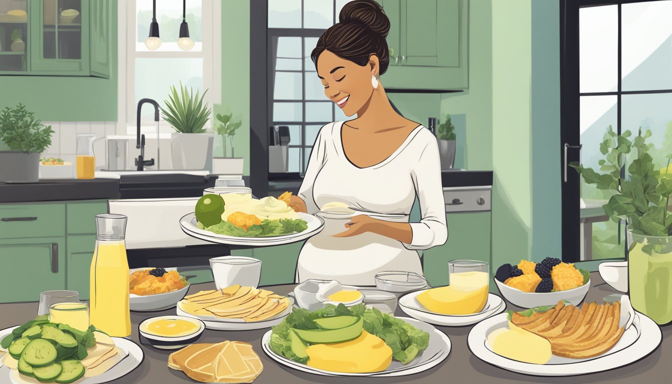 A pregnant woman enjoys a brunch spread with various alternative options to traditional hollandaise sauce, including avocado-based sauce and yogurt-based sauce