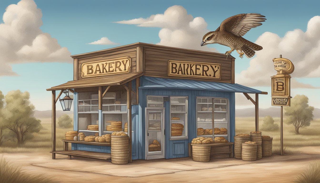 A rustic Texas bakery with a whippoorwill perched on a sourdough sign