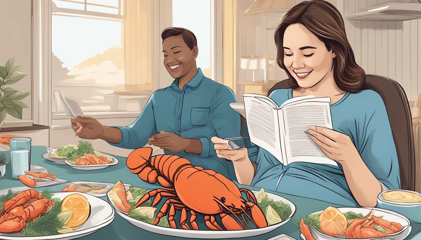 A pregnant woman enjoying a lobster dinner while reading a pamphlet on safe seafood consumption during pregnancy