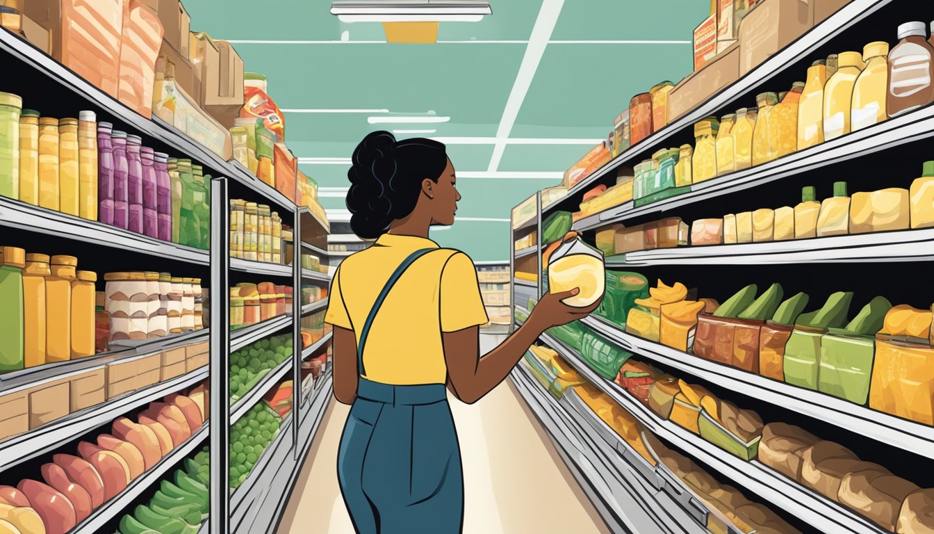 A woman browsing a grocery store aisle, reaching for a jar of hollandaise sauce while reading the label