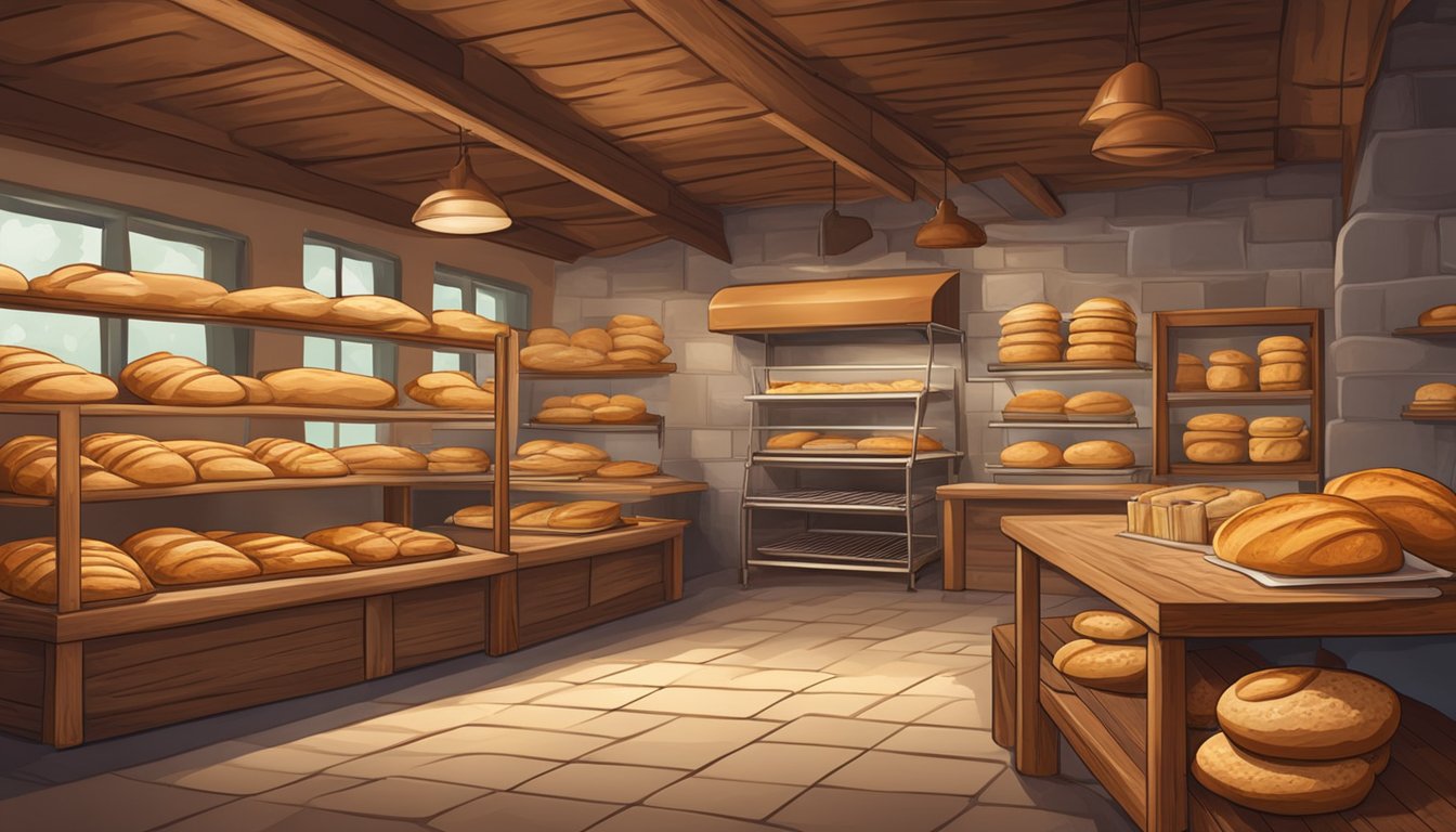 A rustic Texas sourdough bakery with warm ovens, wooden shelves filled with freshly baked loaves, and the aroma of tangy, crusty bread filling the air