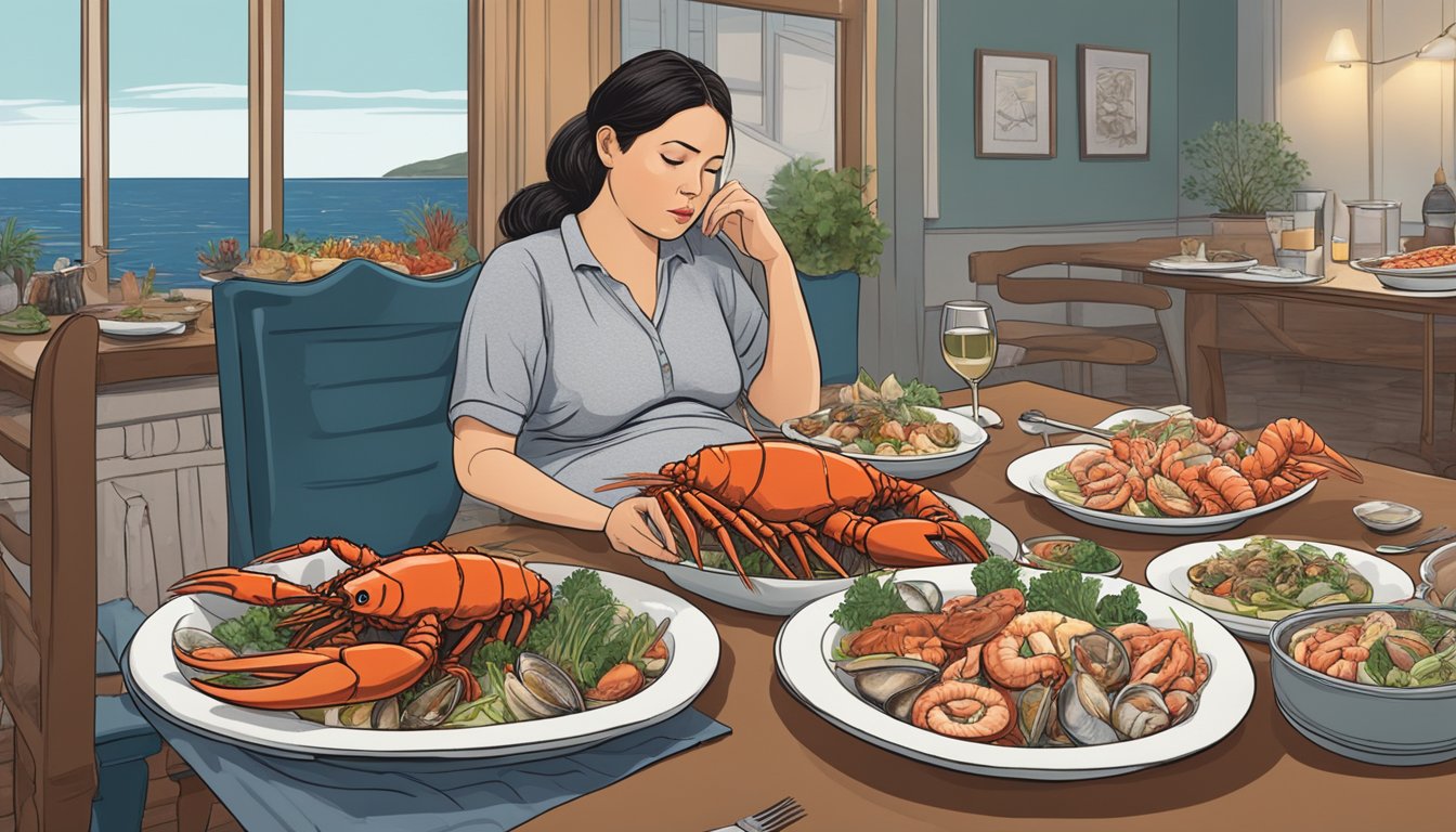 A pregnant woman sitting at a dinner table with a variety of seafood options, including lobster, while looking concerned and searching for alternatives