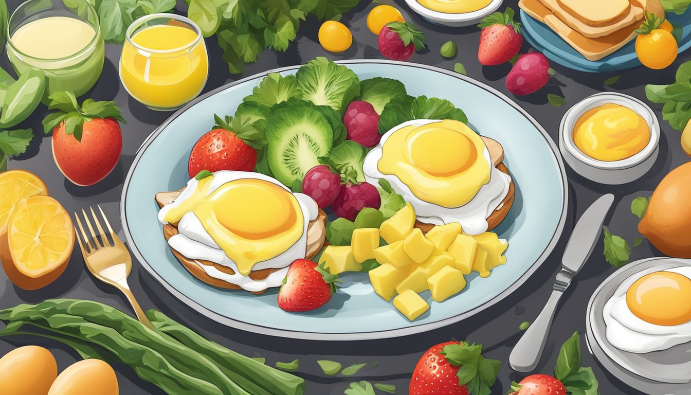 A plate of eggs benedict with hollandaise sauce, surrounded by a variety of colorful fruits and vegetables, representing a balanced pregnancy diet