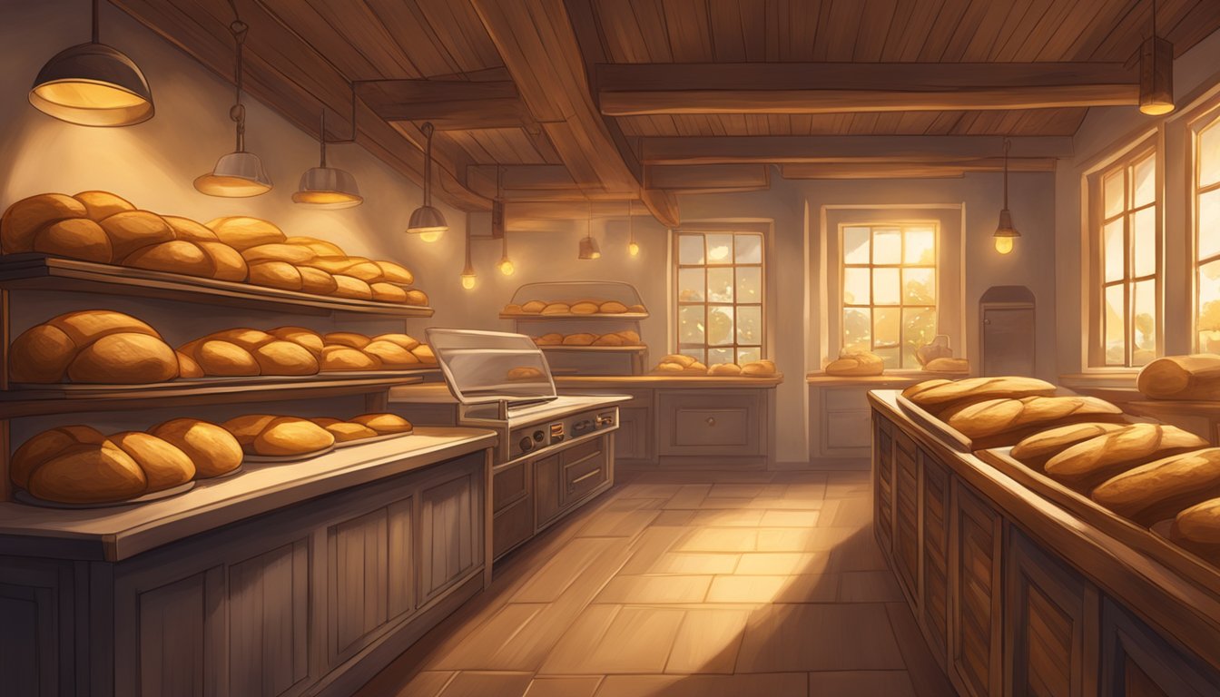 A rustic bakery with warm lighting, shelves of sourdough loaves, and a large oven emitting a golden glow