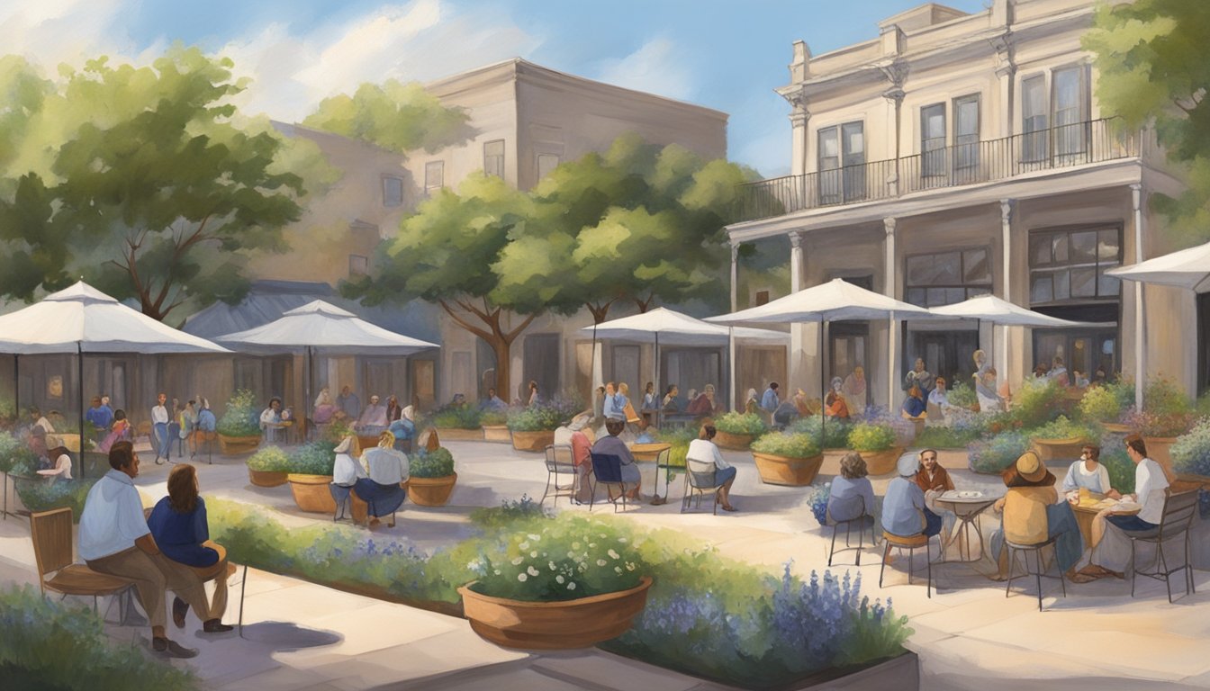 A peaceful courtyard surrounded by art galleries and cultural spots, with people relaxing and enjoying the serene atmosphere after a day of bluebonnet watching in Brenham