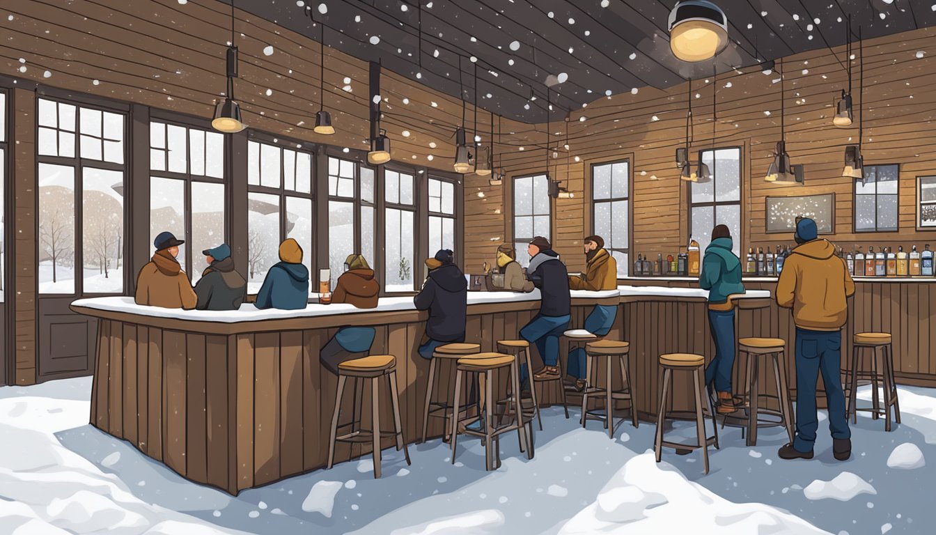 A cozy taproom at 512 Brewing Company, with snow falling outside. A warm, inviting atmosphere with people enjoying craft beer