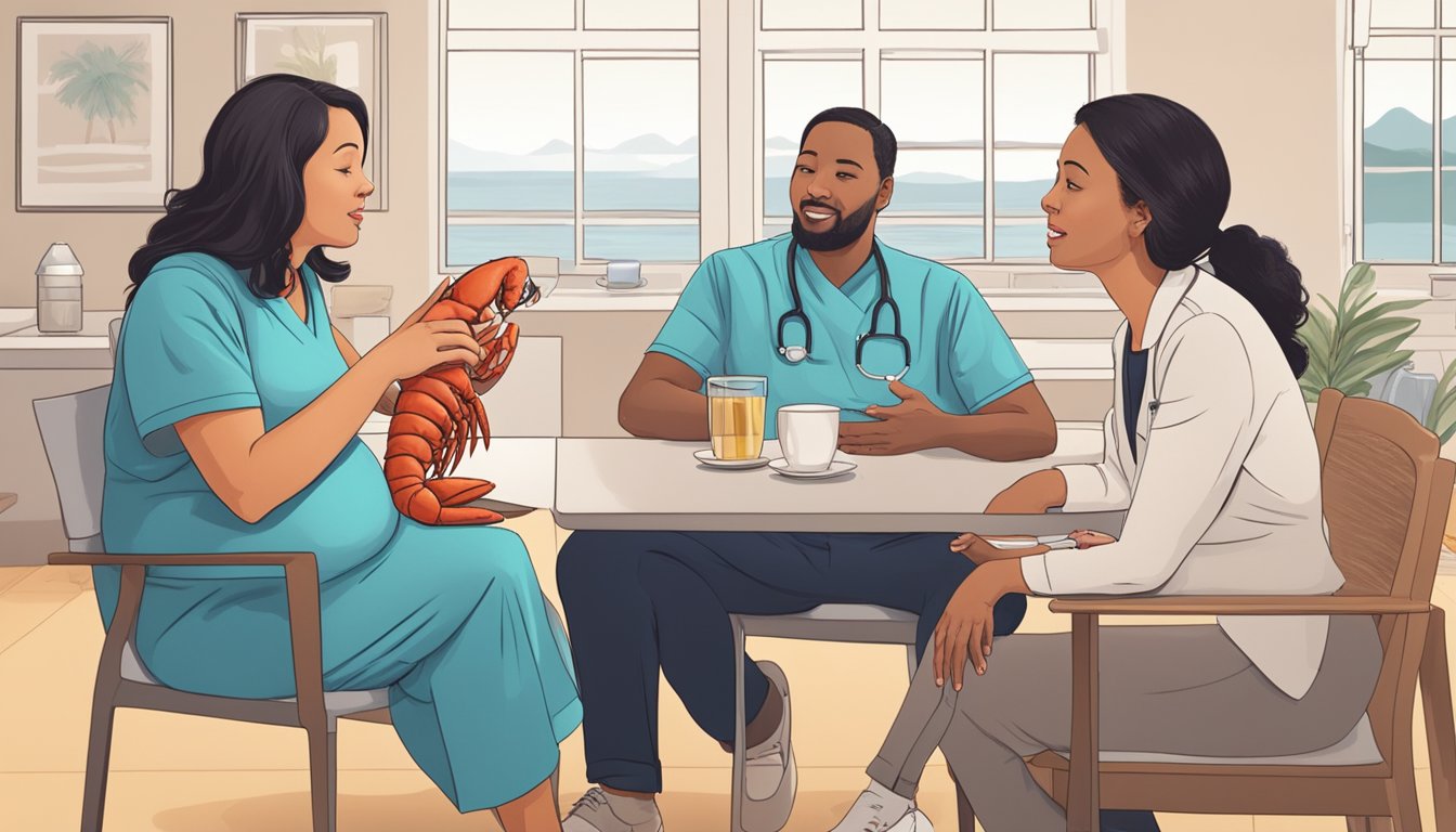 A pregnant woman sitting with a healthcare provider, asking about eating lobster. The provider is gesturing and discussing while the woman listens attentively