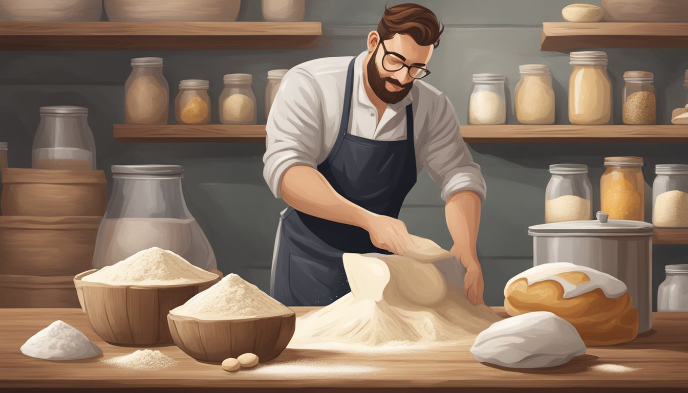 A baker kneads sourdough dough on a floured wooden surface, surrounded by bags of flour and jars of fermenting starter