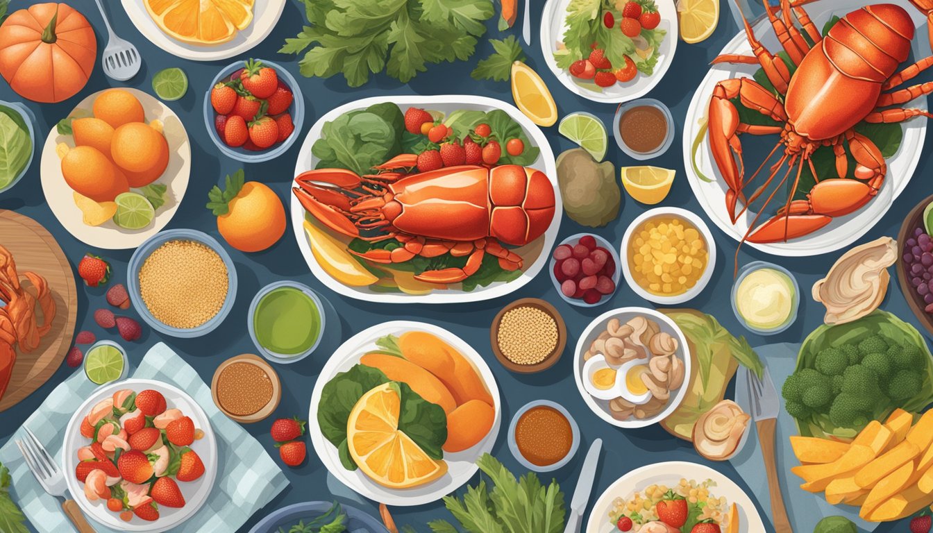 A pregnant woman sitting at a dining table with a diverse spread of colorful fruits, vegetables, grains, and seafood, including a cooked lobster