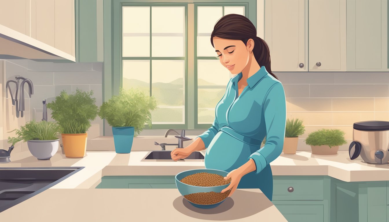 A pregnant woman standing in a kitchen, looking at a bowl of flaxseeds with a question mark above her head