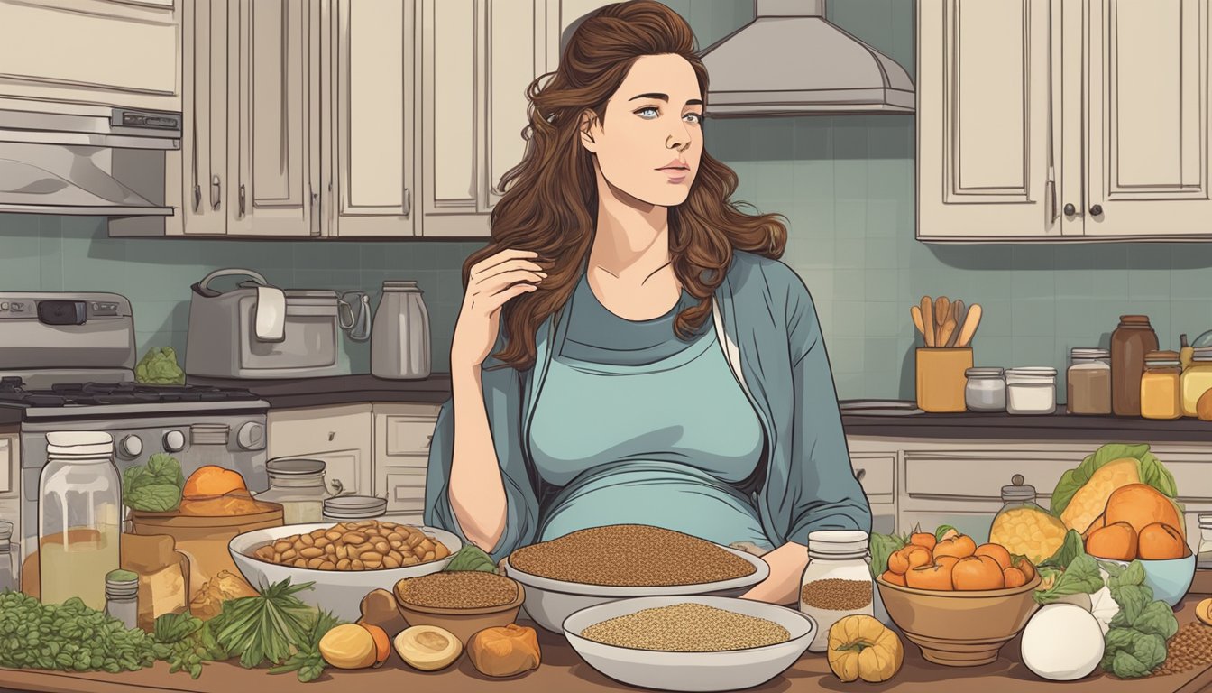 A pregnant woman sitting at a kitchen table, surrounded by various foods including flaxseeds, with a concerned expression on her face