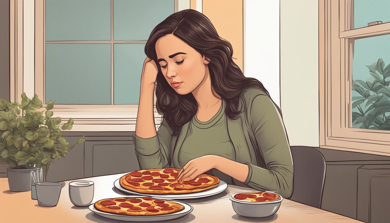 A pregnant woman sitting at a dining table, looking at a plate of pepperoni pizza with a concerned expression