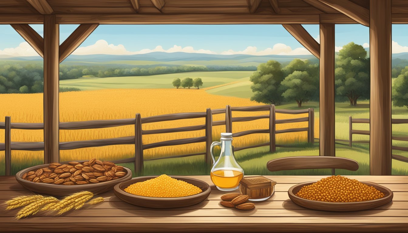 A rustic wooden table adorned with freshly harvested wheat, local honey, and ripe pecans, set against a backdrop of rolling Texas farmland