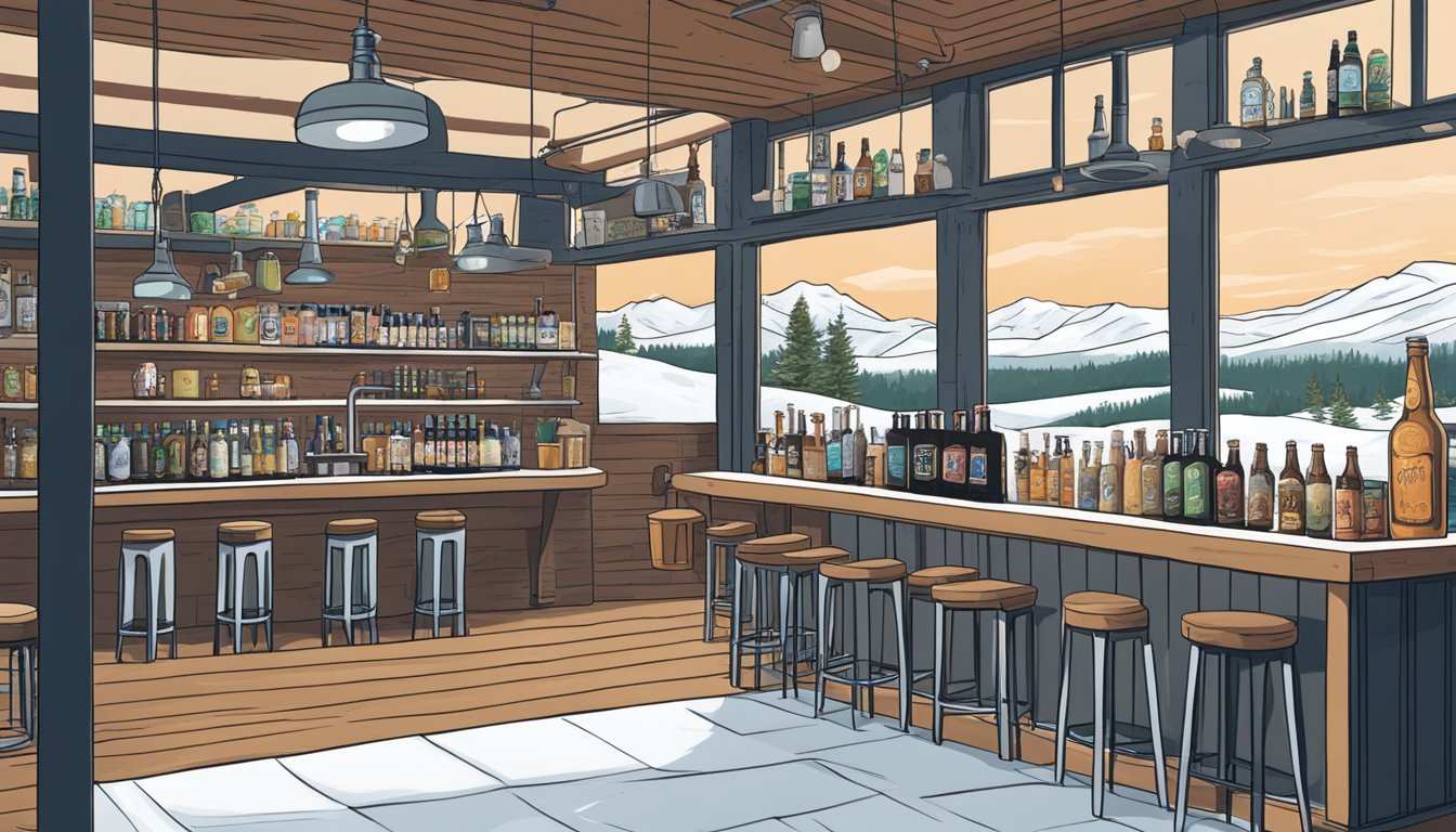 A cozy taproom with a snowy landscape outside, featuring a selection of winter brews from Austin Beerworks, surrounded by the top craft breweries in Texas for 2021