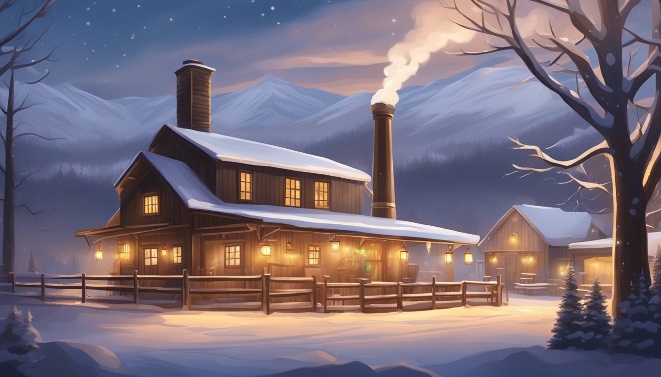 A cozy brewery with snow-covered landscape, rustic wooden building, and smoke rising from the chimney. Outdoor seating and twinkling lights create a warm and inviting atmosphere