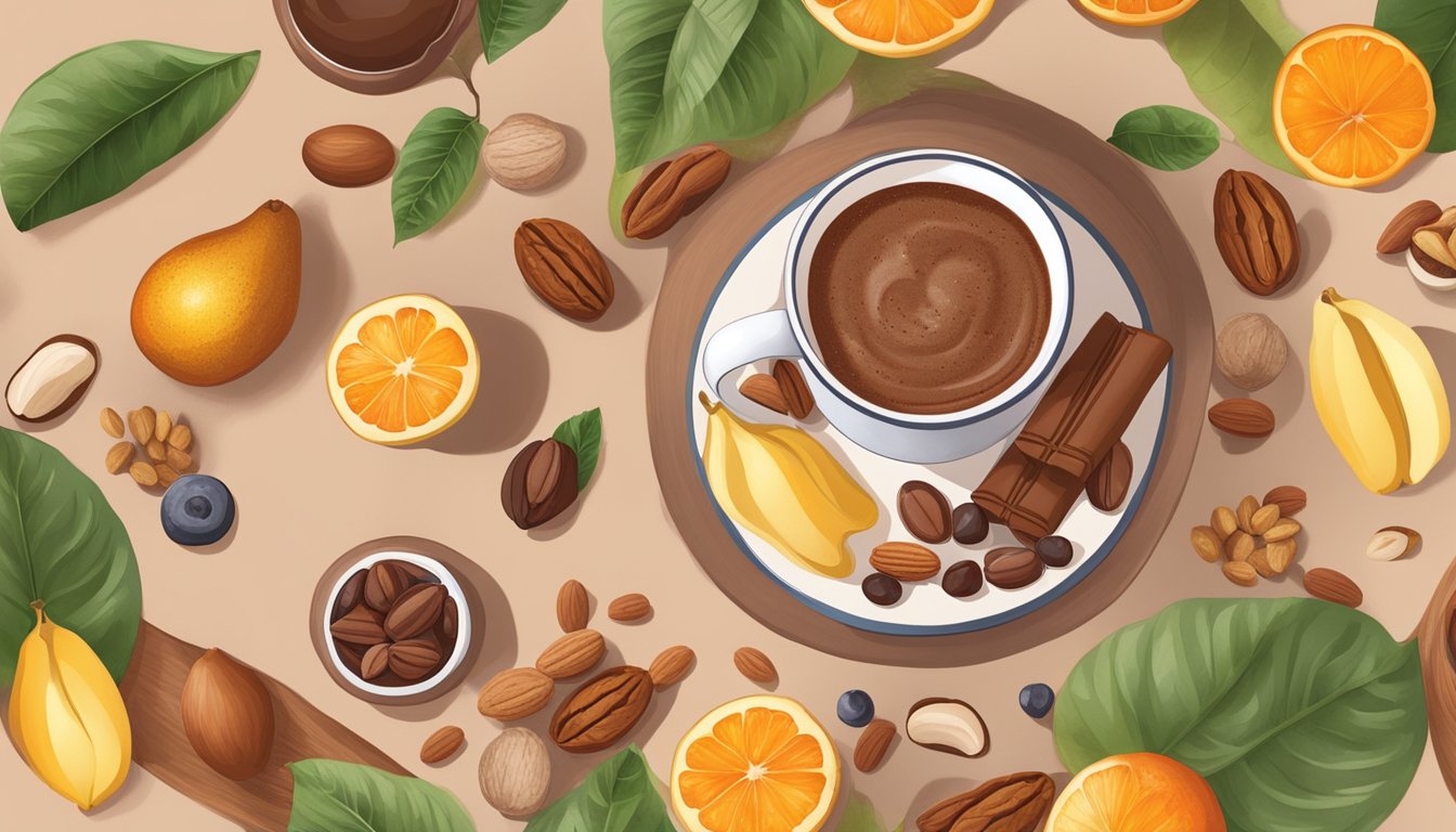 A pregnant woman holding a cup of hot chocolate made from raw cacao, surrounded by various fruits and nuts