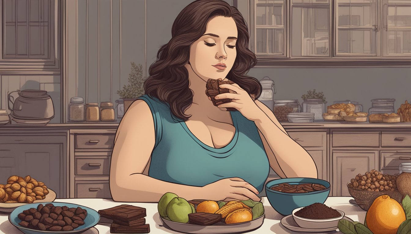 A pregnant woman sitting at a table, surrounded by various foods, with a concerned look on her face as she holds a piece of raw cacao in her hand