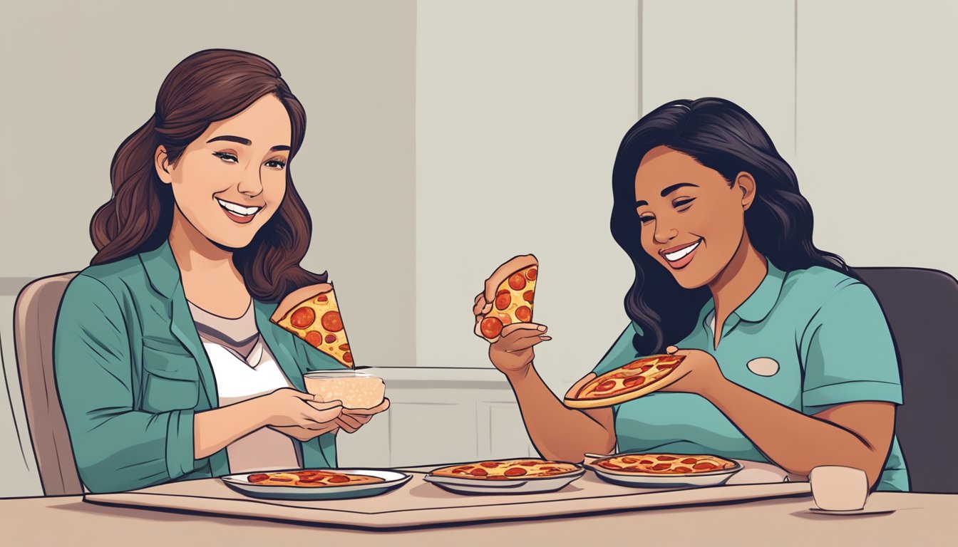 A pregnant woman sitting at a table with a pizza topped with pepperoni, while a healthcare provider gestures with a reassuring smile