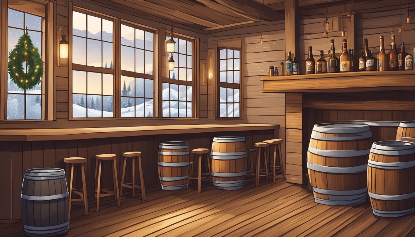 A cozy taproom with rustic decor, wooden barrels, and copper brewing equipment. Snowflakes drift past the window as patrons enjoy craft beers