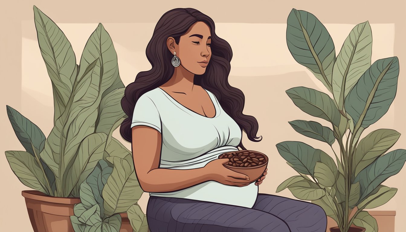 A pregnant woman holding a bowl of raw cacao beans, looking uncertain