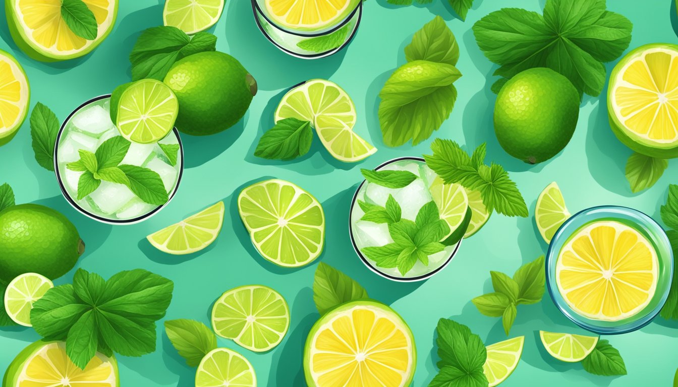 A table with 15 colorful mojito cocktails, each garnished with fresh mint and a slice of lime, set against a tropical backdrop